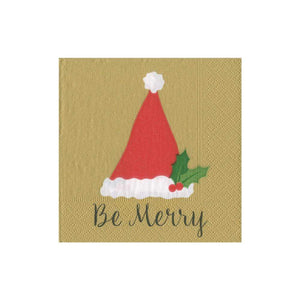 The Caspari Be Merry Collection gold napkin features a red Santa hat, holly leaves with berries, and "Be Merry" at the bottom—an exceptionally designed addition to your holiday gift supplies.