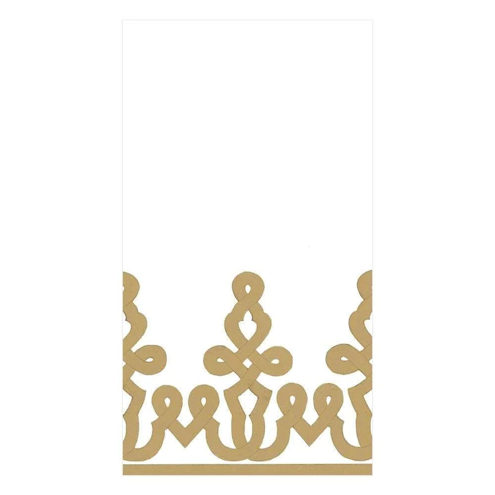 Add elegance to compostable paper linen napkins with Caspari’s Dessin Passementerie Collection—featuring a gold crown with a symmetrical, looped design on a white rectangular background.