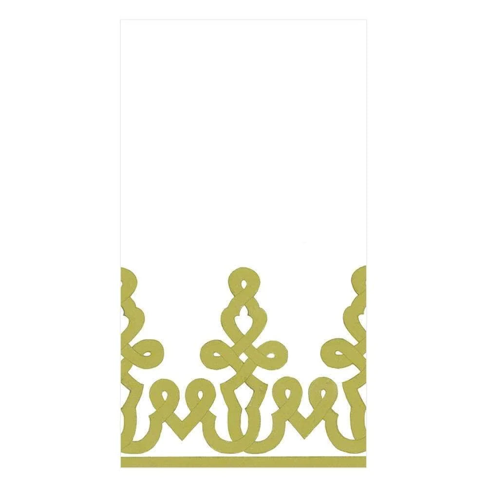 The Caspari Dessin Passementerie Collection features white rectangular biodegradable paper linen napkins with an ornate gold border of symmetrical, looping patterns for an elegant, eco-friendly touch.