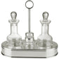 The St. James 5 Piece Oval Cruet Set features two crystal containers with stoppers on a silver plated tray, separated by a central handle—an elegant way to dress up your dining table.