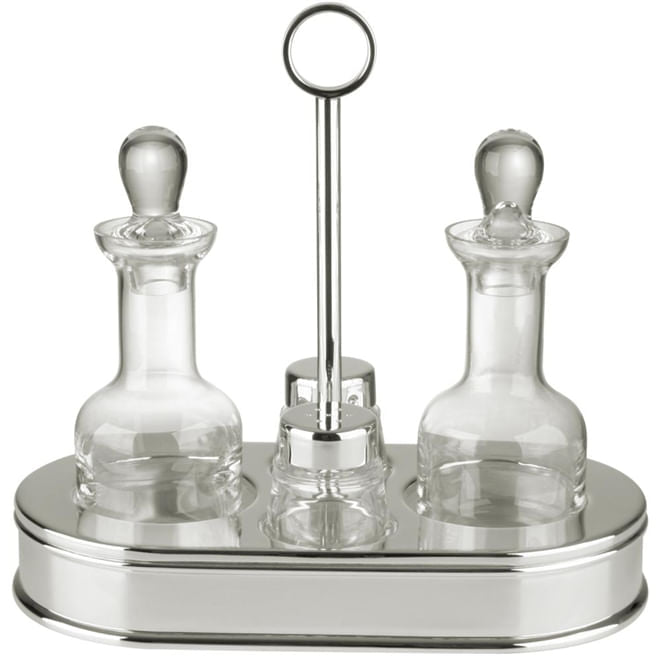 The St. James 5 Piece Oval Cruet Set features two crystal containers with stoppers on a silver plated tray, separated by a central handle—an elegant way to dress up your dining table.