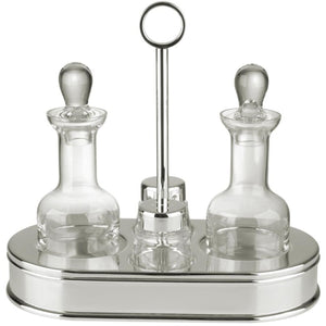 The St. James 5 Piece Oval Cruet Set features two crystal containers with stoppers on a silver plated tray, separated by a central handle—an elegant way to dress up your dining table.