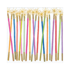 Caspari’s Party Candles Collection features vibrant sparklers with golden tips, arranged vertically on a white background—ideal for chic table settings.