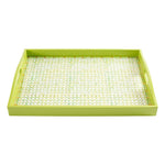 The Caspari Green Trellis Lacquer Bar Tray is a rectangular green tray with side handles and a white and green patterned base, perfect for decorative display.
