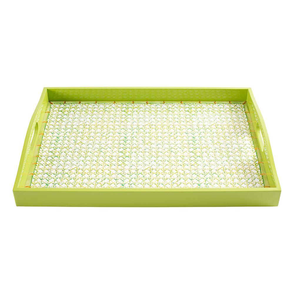 The Caspari Green Trellis Lacquer Bar Tray is a rectangular green tray with side handles and a white and green patterned base, perfect for decorative display.