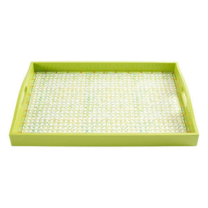 The Caspari Green Trellis Lacquer Bar Tray is a rectangular green tray with side handles and a white and green patterned base, perfect for decorative display.