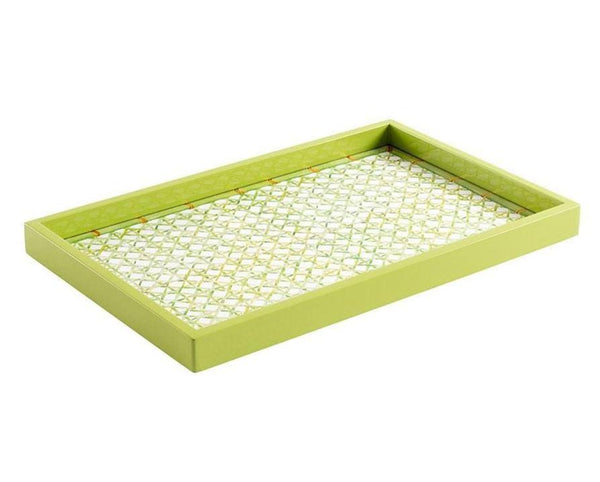 Introducing the Caspari Lacquer Vanity Tray, Trellis Green by Caspari—a rectangular serving tray featuring a raised edge and a geometric patterned surface. This exquisite, limited edition piece is handmade in Vietnam, making it an artistic addition perfect for decorative display.