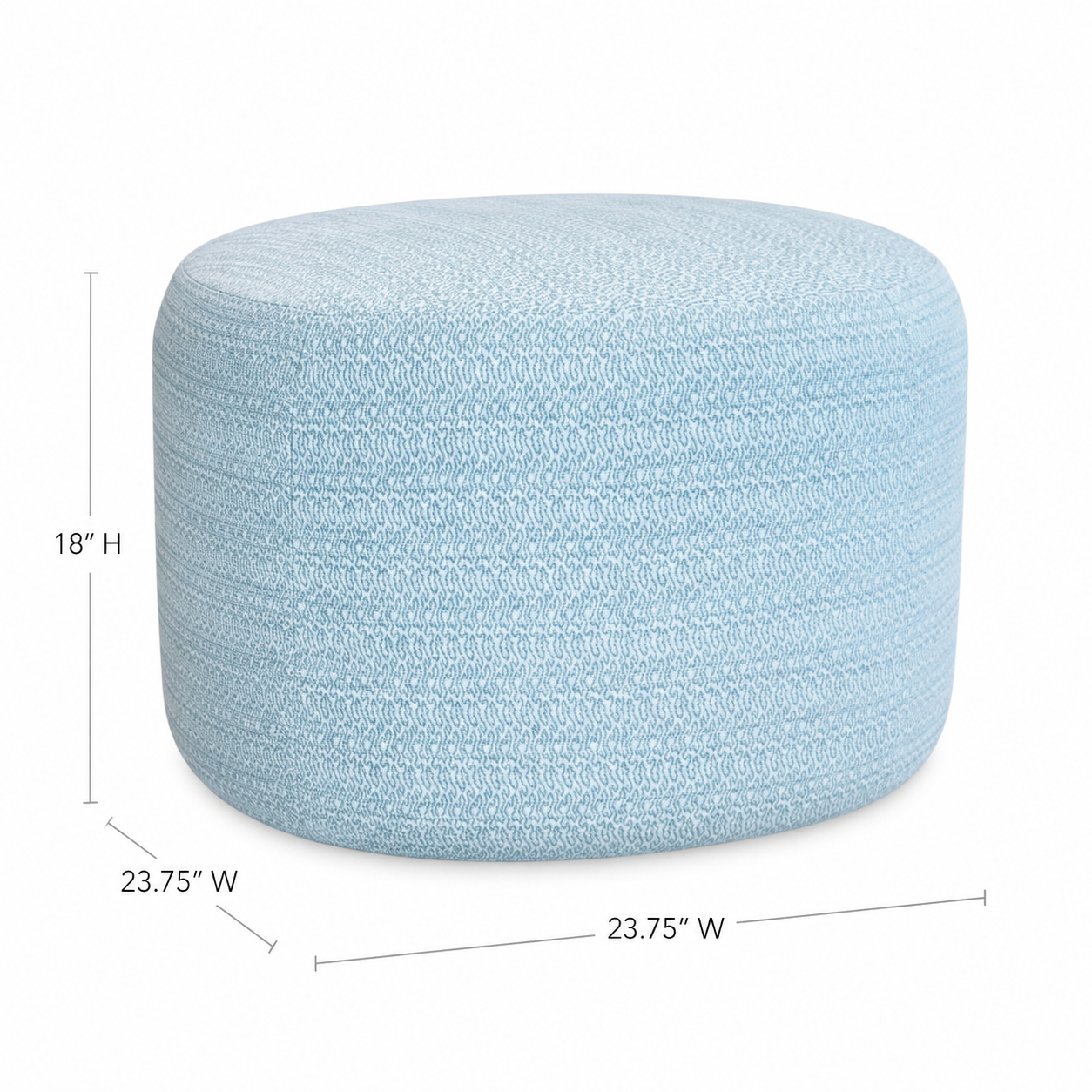 The Maisie Ottoman by Hickory Chair is a light blue, round piece with a textured fabric surface, measuring 18 inches high and 23.75 inches wide. Perfect for use as extra seating or as a stylish cocktail table, it is shown here against a white background.