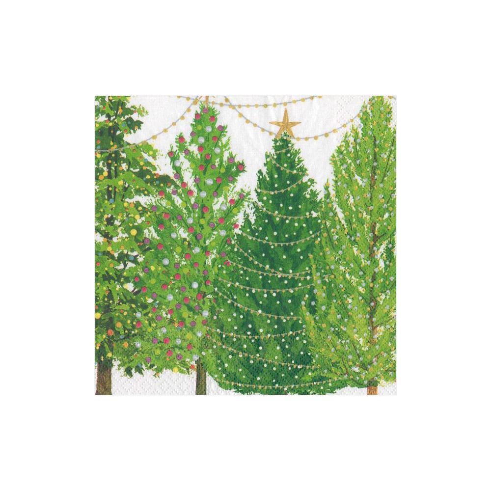 The Caspari Christmas Trees with Lights Collection features three decorated trees, one topped by a gold star, on a white background. Festive and safe, the design uses nontoxic dyes—perfect for triple-ply or cocktail napkins.