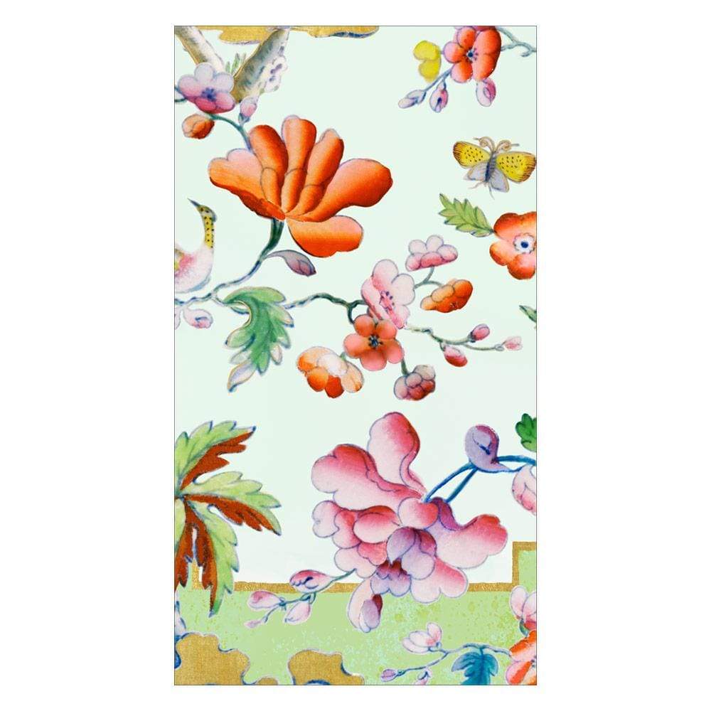 The Caspari Summer Palace Collection features illustrations of colorful flowers, leaves, and butterflies on a light pastel background—perfect for eco-friendly napkins that brighten any table setting.