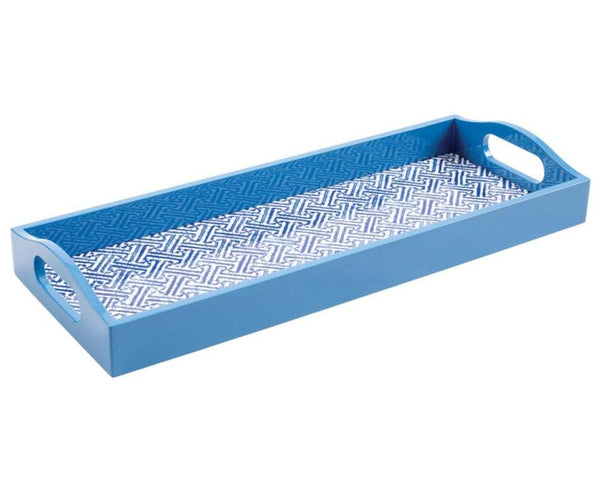 The Caspari Lacquer Bar Tray, Blue Fretwork, features a patterned interior with cut-out handles. Handmade in Vietnam, the rectangular tray adds elegance to any table setting.