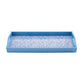 The Caspari Blue Fretwork Lacquer Bar Tray features side handles, raised edges, and a geometric blue and white base. Handmade in Vietnam, this stylish rectangular tray elevates any table setting or occasion.