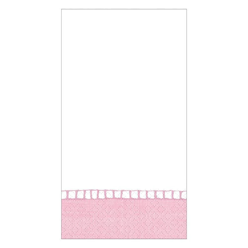 The Caspari Linen Border Petal Pink Collection features a white rectangular towel with a pink textured band and lace trim, ideal for enhancing table settings or matching party supplies.