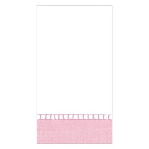 The Caspari Linen Border Petal Pink Collection features a white rectangular towel with a pink textured band and lace trim, ideal for enhancing table settings or matching party supplies.