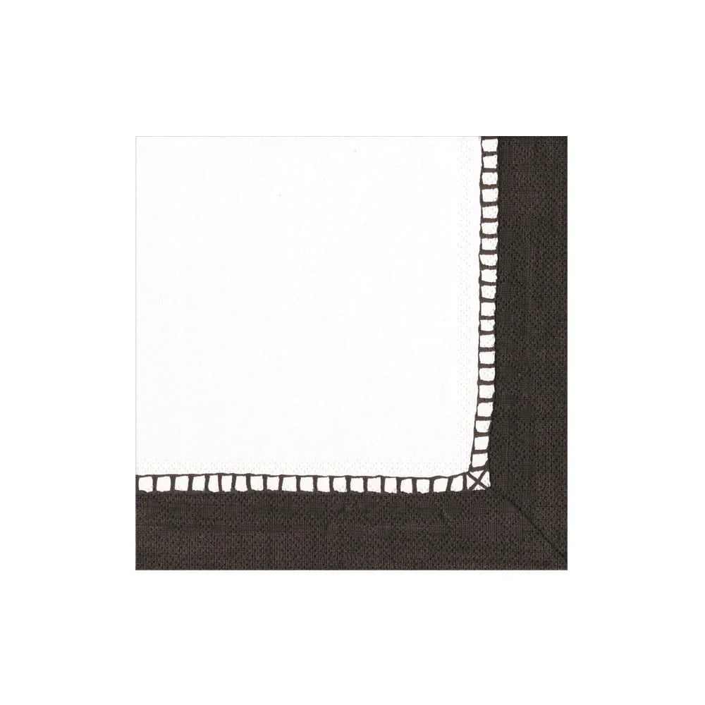 The Caspari Linen Border in Black is a white triple-ply napkin featuring a black border and hemstitch detail, displayed on a plain background.