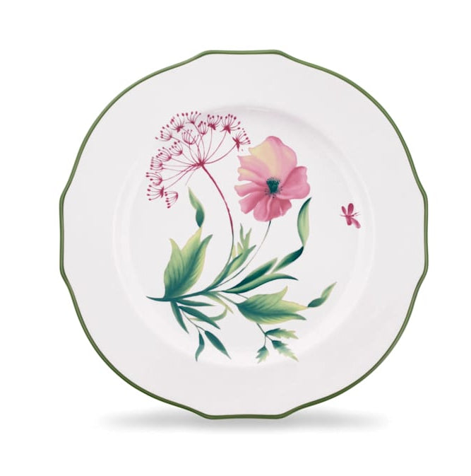 Crafted in the tradition of fine Italian porcelain, the Florenza Impero Malva Dinnerware and Decor Collection by Ginori 1735 features a white ceramic plate with a green rim, delicately adorned with a painted pink flower, green leaves, red stems, and a small pink dragonfly on the right side. Inspired by classic Tuscany tableware, this elegant design reflects the renowned artistry of Ginori 1735.