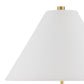 A close-up of the Ippolito Brass Console Lamp by Currey and Company, featuring a white conical shade on an antique brass base, set against a plain background.
