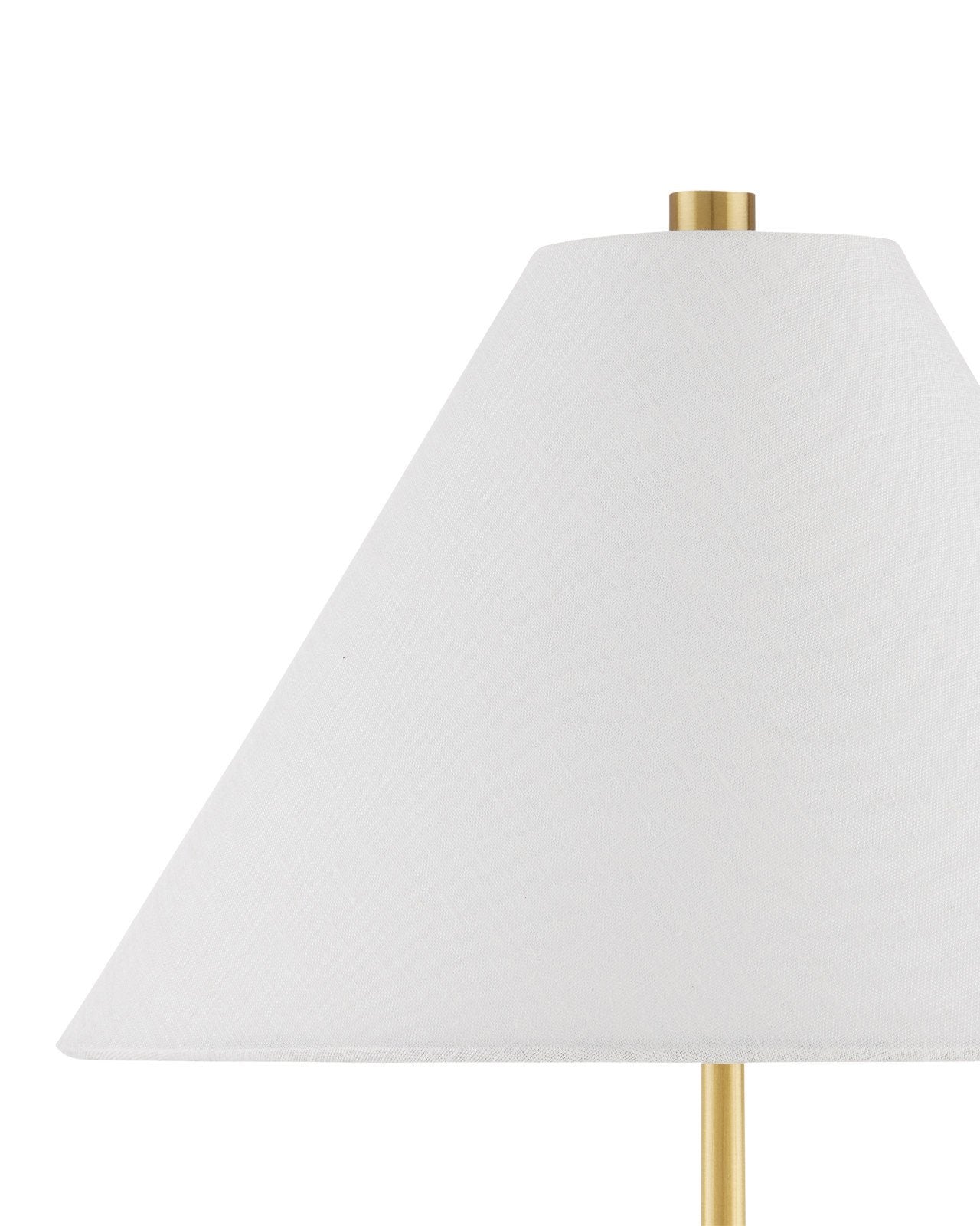 A close-up of the Ippolito Brass Console Lamp by Currey and Company, featuring a white conical shade on an antique brass base, set against a plain background.