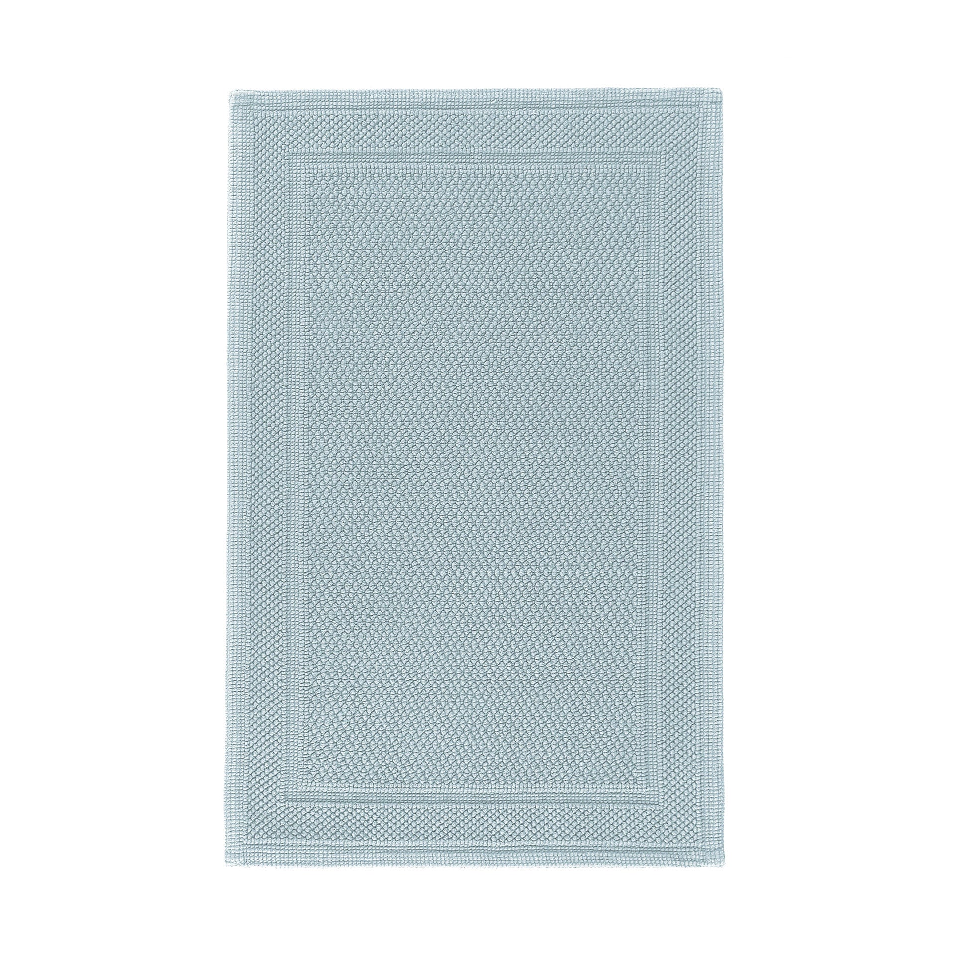 The GRACCIOZA Bee Waffle Bath Collection features a rectangular light blue combed cotton rug with a honeycomb texture and subtle double border, shown on a white background.