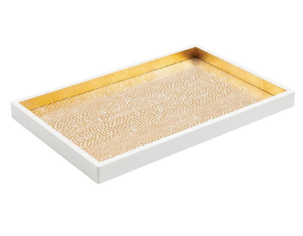 The Caspari Lacquer Vanity Tray, Pebble Gold by Caspari features a rectangular design with a white border and gold textured interior. Handmade in Vietnam, this limited edition tray adds elegant exclusivity to any setting.