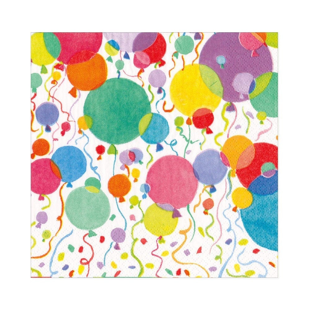 Add a festive touch to your table with Caspari's Balloons and Confetti Collection, featuring colorful balloons and streamers on a white background. Perfect for brightening up any setting.