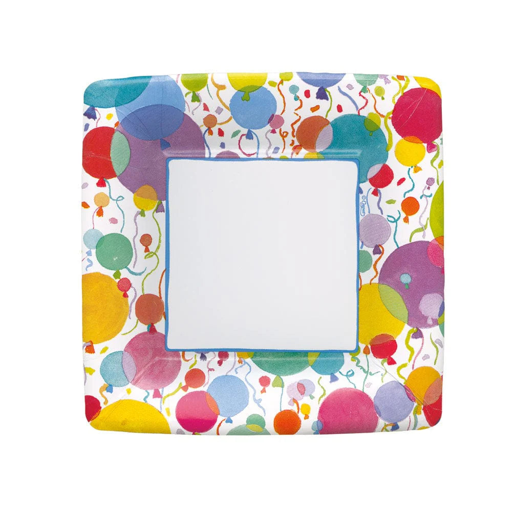 The Caspari Balloons and Confetti Collection square plate features a white center with a festive border of balloons and streamers, ideal for celebrations or pairing with other party paper products.