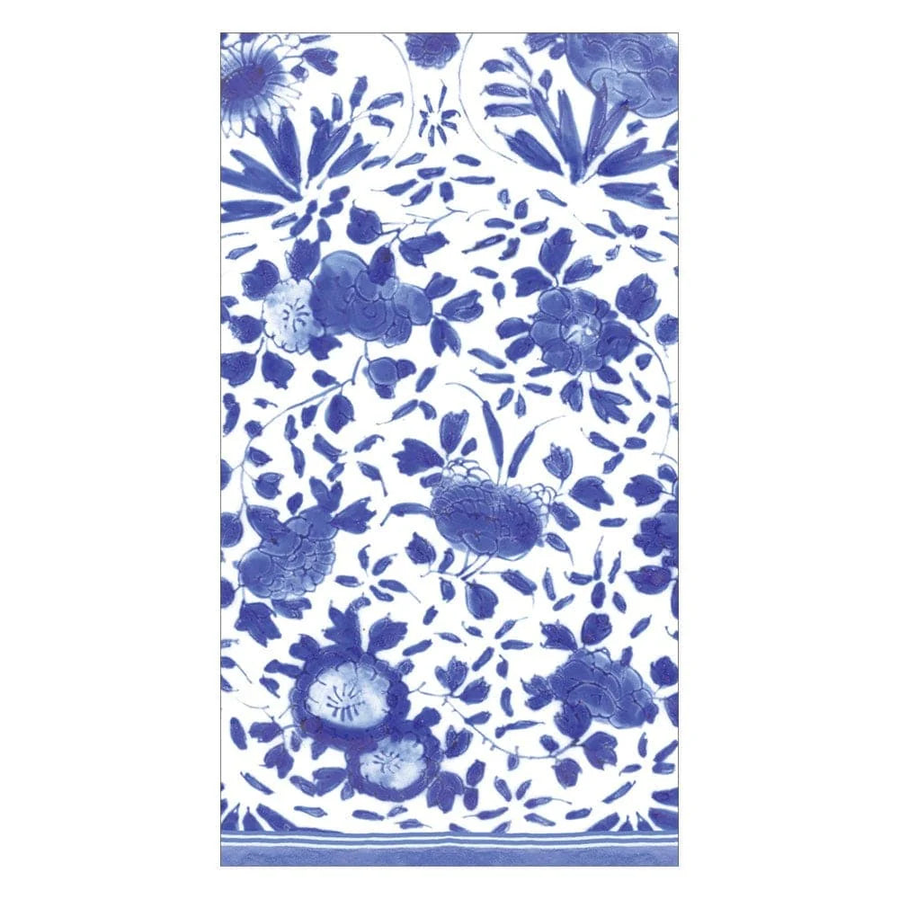 Caspari's Delft Blue Collection napkins feature an intricate blue and white floral pattern inspired by traditional ceramics, printed on eco-friendly, biodegradable triple-ply paper.