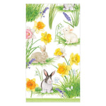 From Caspari’s Bunnies and Daffodils Place Setting Collection, this illustration shows rabbits amid green grass, yellow daffodils, and colorful flowers on a white background—ideal for Easter or spring table decor.
