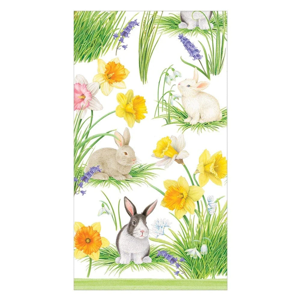 From Caspari’s Bunnies and Daffodils Place Setting Collection, this illustration shows rabbits amid green grass, yellow daffodils, and colorful flowers on a white background—ideal for Easter or spring table decor.