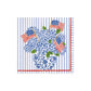 The Caspari Flags And Hydrangeas Collection features a blue and white vase with hydrangeas, greenery, and American flags on a striped background—perfect for adding patriotic charm to any outdoor gathering.