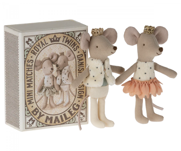 Two Maileg Royal Twins in Box, Little Brother and Sister plush stuffed mouse toys with a vintage-style matchbox package, dressed as royal twins in dotted vests.