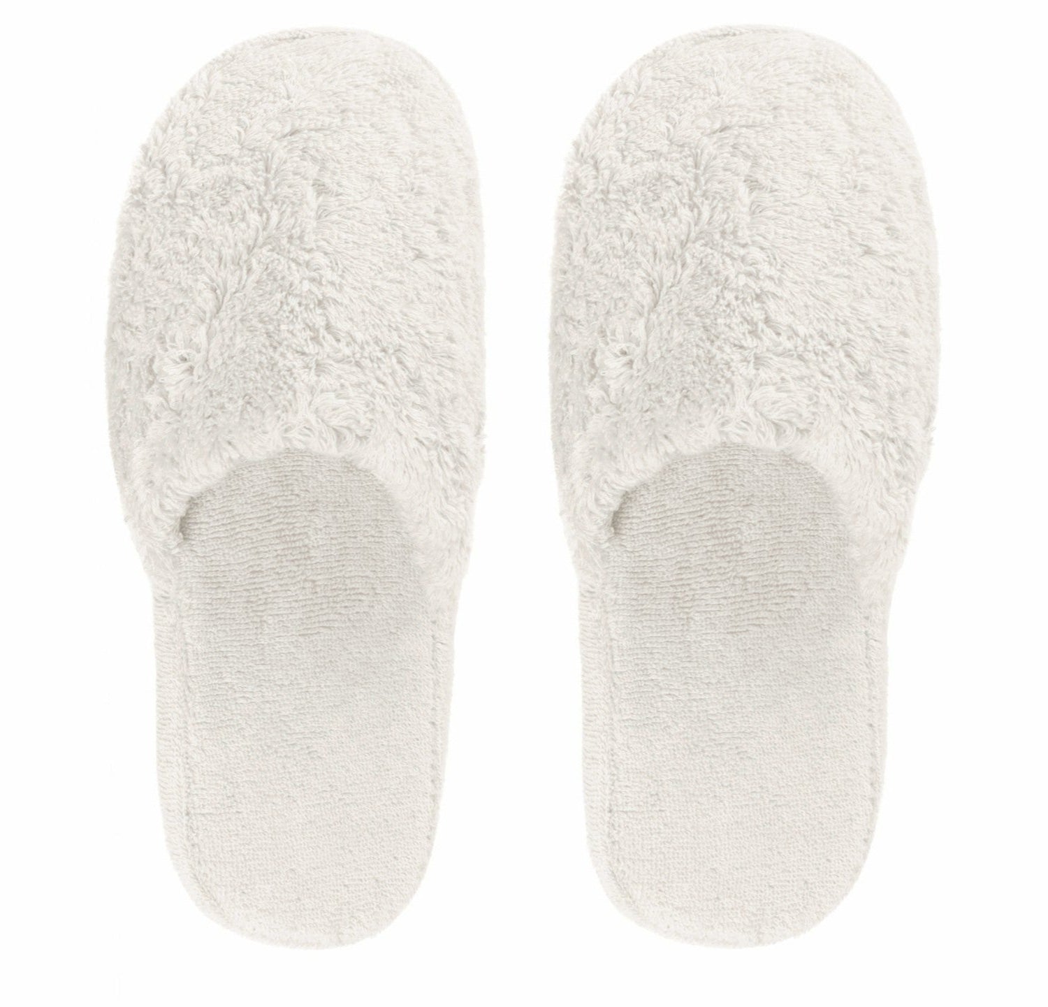 The Egoist Bath Slippers by Graccioza are white, fuzzy, closed-toe slippers crafted from high-density Egyptian cotton and viewed from above on a plain background.