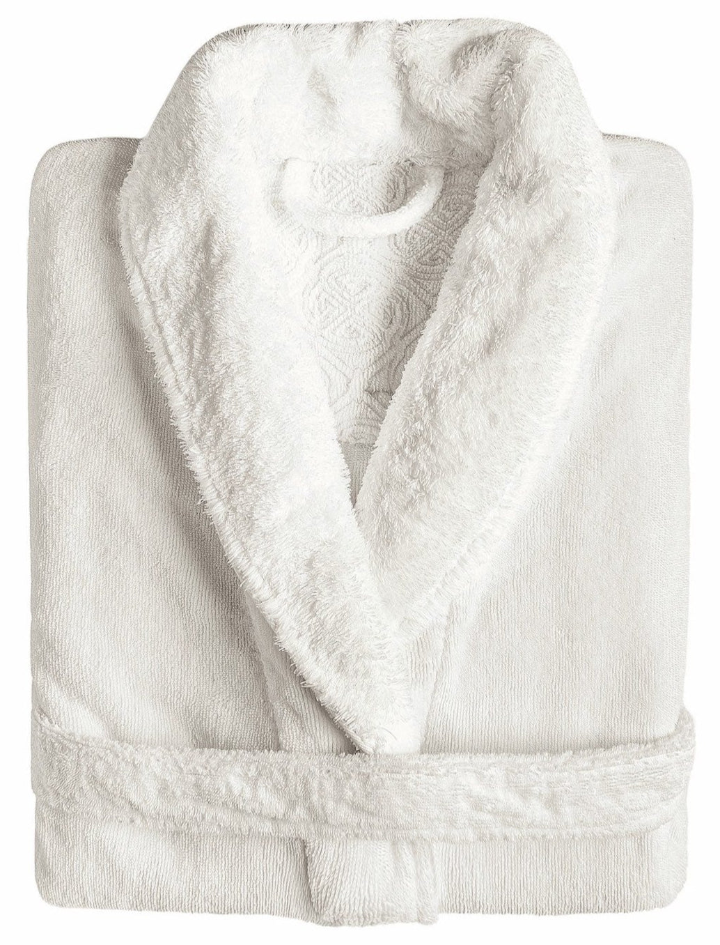A folded white Graccioza Egoist Bath Robe with a shawl collar and matching belt, made from soft combed cotton for a plush, absorbent velour finish.