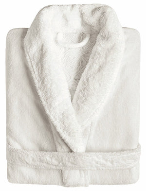 A folded white Graccioza Egoist Bath Robe with a shawl collar and matching belt, made from soft combed cotton for a plush, absorbent velour finish.