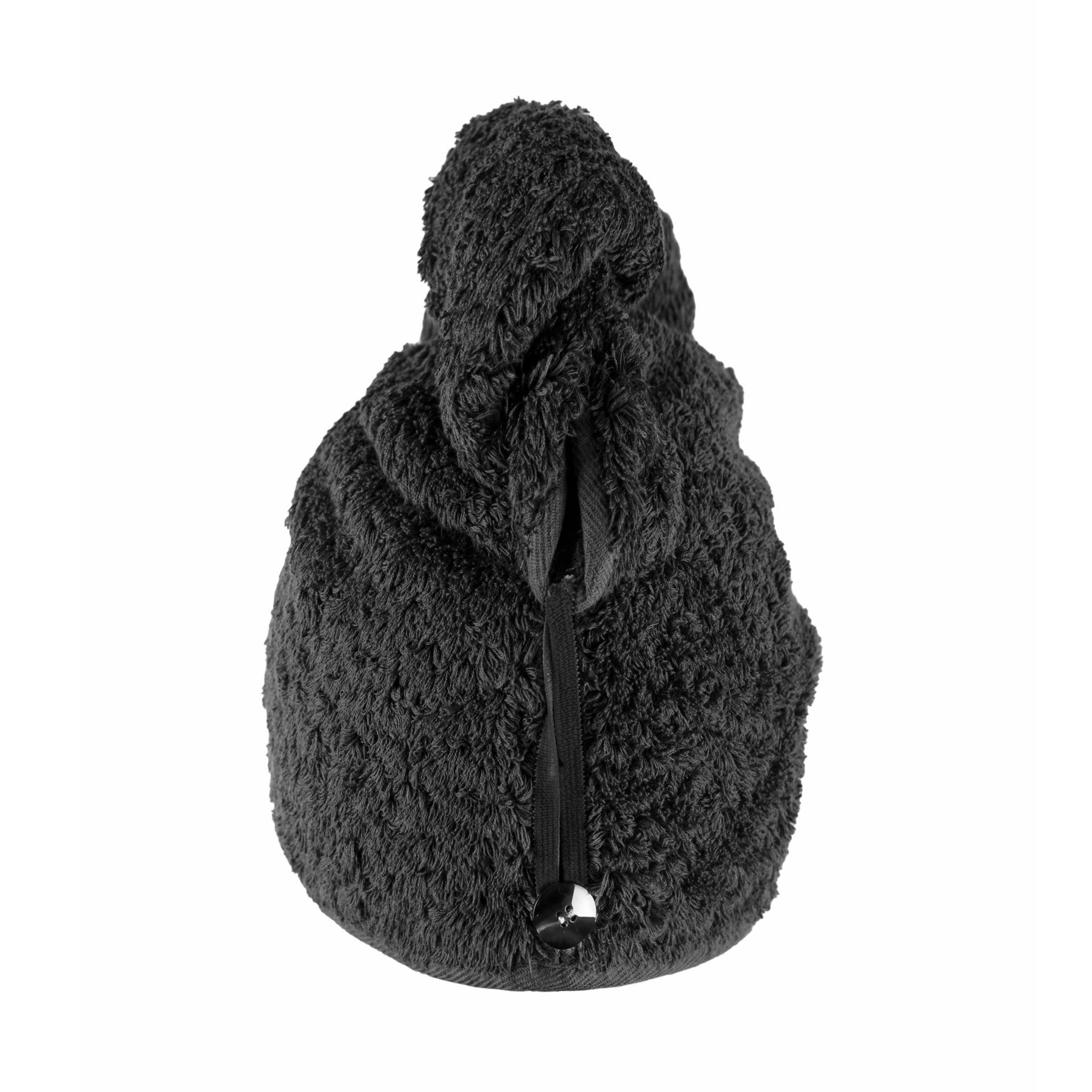The Egoist Spa Accessories by Graciozza is a black microfiber twist hair towel with an elastic loop, ideal for fast, gentle drying and makeup removal, shown on a white background.