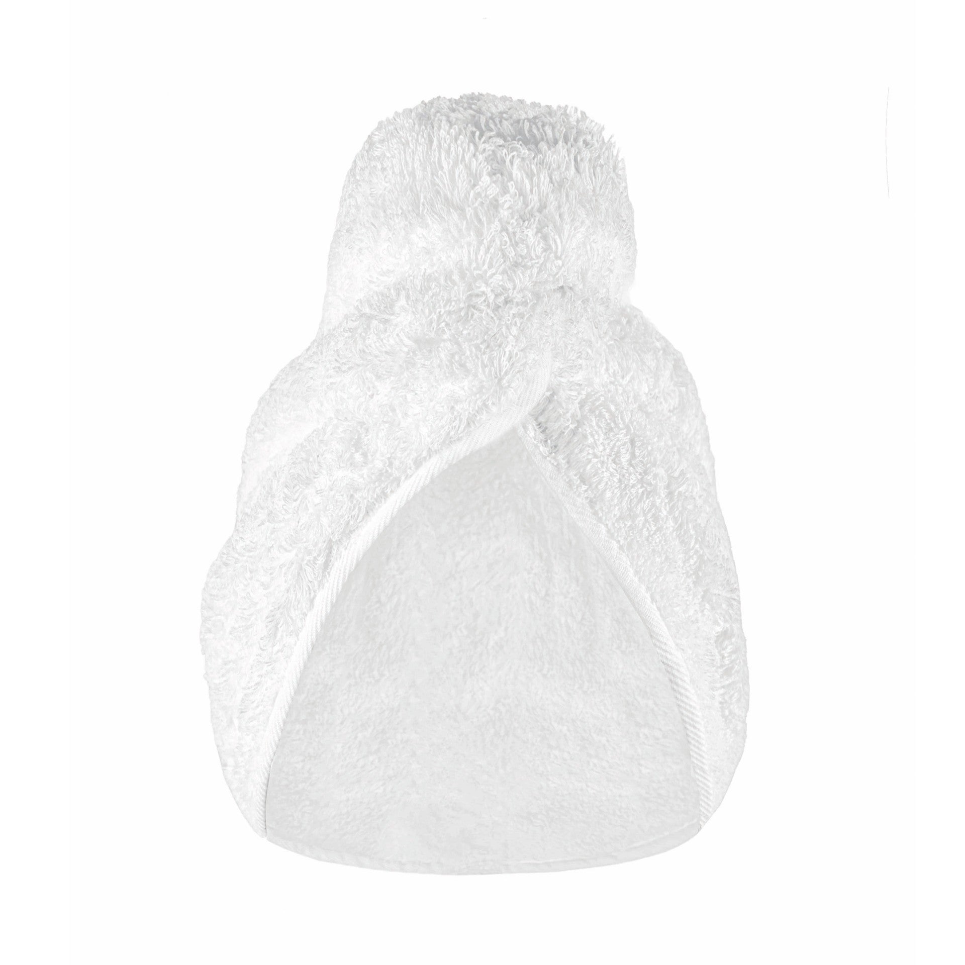 A Graciozza Egoist Spa Accessories Egyptian Cotton Giza hair towel, white, is twisted into a turban shape with a pointed top and curved bottom edge, shown on a plain white background.