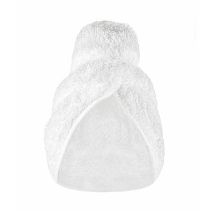 A Graciozza Egoist Spa Accessories Egyptian Cotton Giza hair towel, white, is twisted into a turban shape with a pointed top and curved bottom edge, shown on a plain white background.