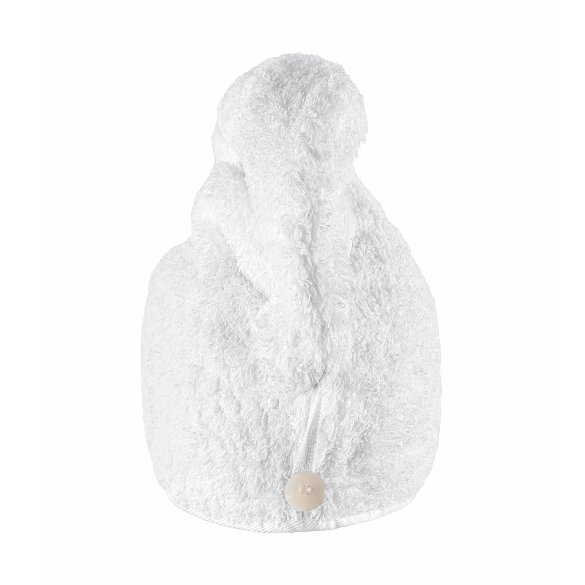 The Graciozza Egoist Spa Accessories hair towel is a white, textured wrap made from luxurious Egyptian Cotton Giza with a button closure at the back.