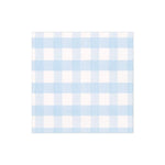 The Caspari Gingham Cocktail Napkin Collection features square paper napkins with a light blue and white checkered design, perfect for adding charm to any table setting.