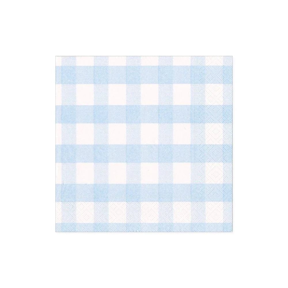The Caspari Gingham Cocktail Napkin Collection features square paper napkins with a light blue and white checkered design, perfect for adding charm to any table setting.