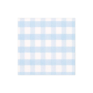 The Caspari Gingham Cocktail Napkin Collection features square paper napkins with a light blue and white checkered design, perfect for adding charm to any table setting.