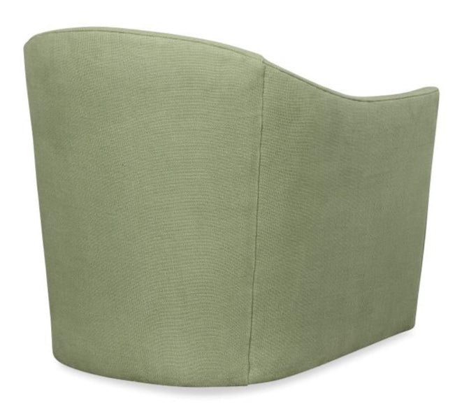 A Wear Low Profile Swivel Chair by Highland House in spring green, shown from the back, highlights its curved, seamless design and smooth fabric texture.