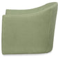 A side view of the Highland House Wear Low Profile Swivel Chair in spring green upholstery, showcasing its curved back and clean, simple lines.