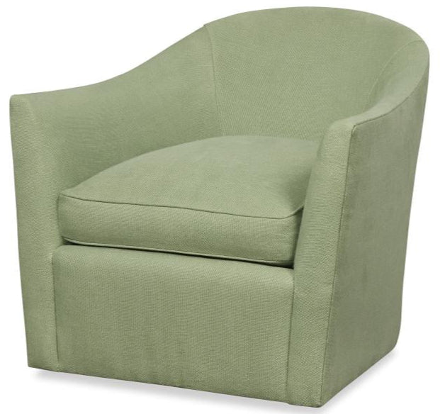 The Highland House Wear Low Profile Swivel Chair features spring green upholstery, a curved back and arms, thick seat cushion, and boxy base with swivel functionality.