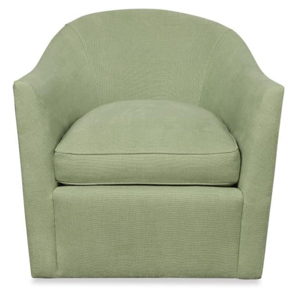 The Highland House Wear Low Profile Swivel Chair features spring green upholstery, a rounded back, wide arms, and a thick seat cushion—adding comfort and style to any space.