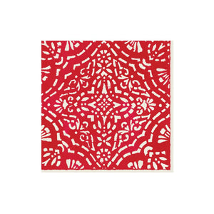 Red and white square tile featuring an intricate, symmetrical geometric and floral pattern from Caspari's Annika Red Collection.