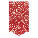 The Annika Red Collection by Caspari features a red rug with an off-white floral and geometric pattern and a scalloped edge, echoing the elegant design found on Caspari napkins.