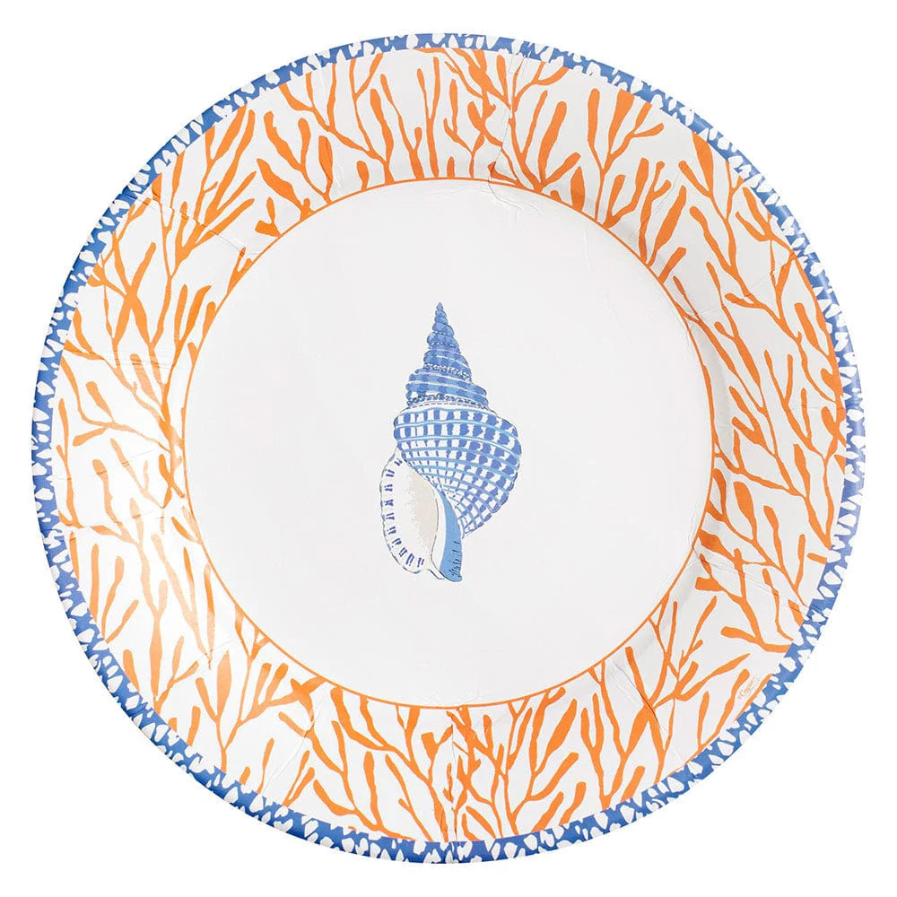 The Shell Toile Collection plate by Caspari features an orange coral rim and blue seashell center, making it perfect for stylish table settings, entertaining, or gifting.