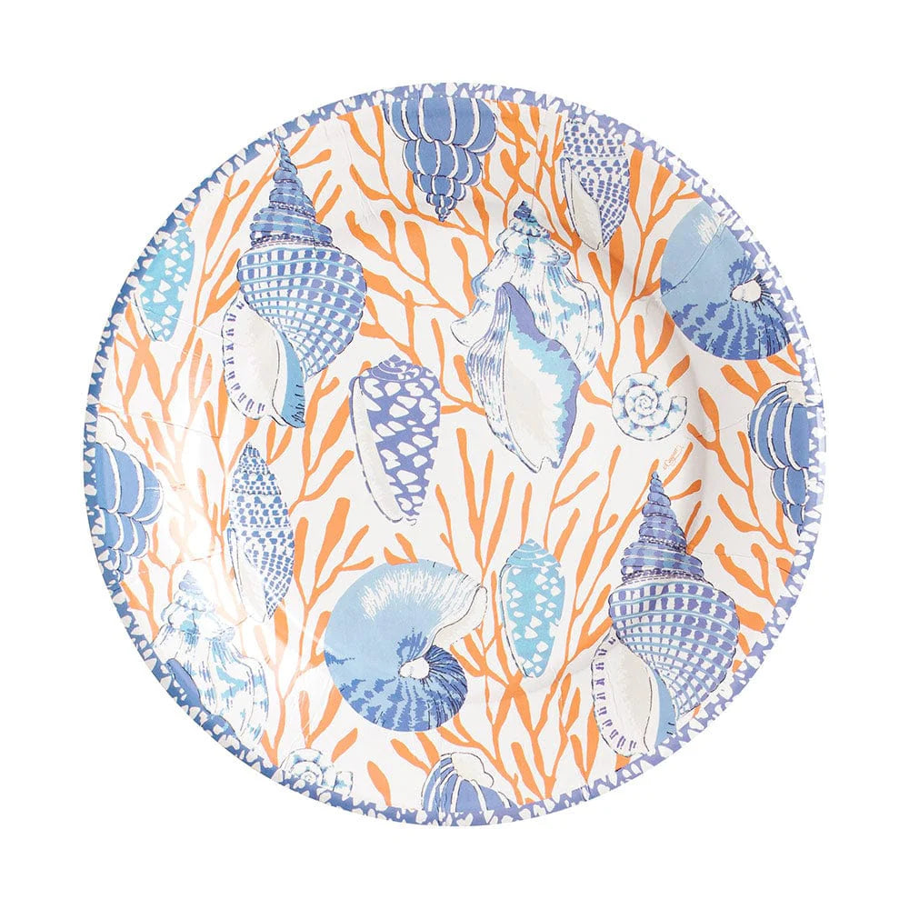 The Caspari Shell Toile Collection round plate displays blue and white seashell patterns with orange coral branches on a white background—ideal for stylish table settings, entertaining, or gifting.