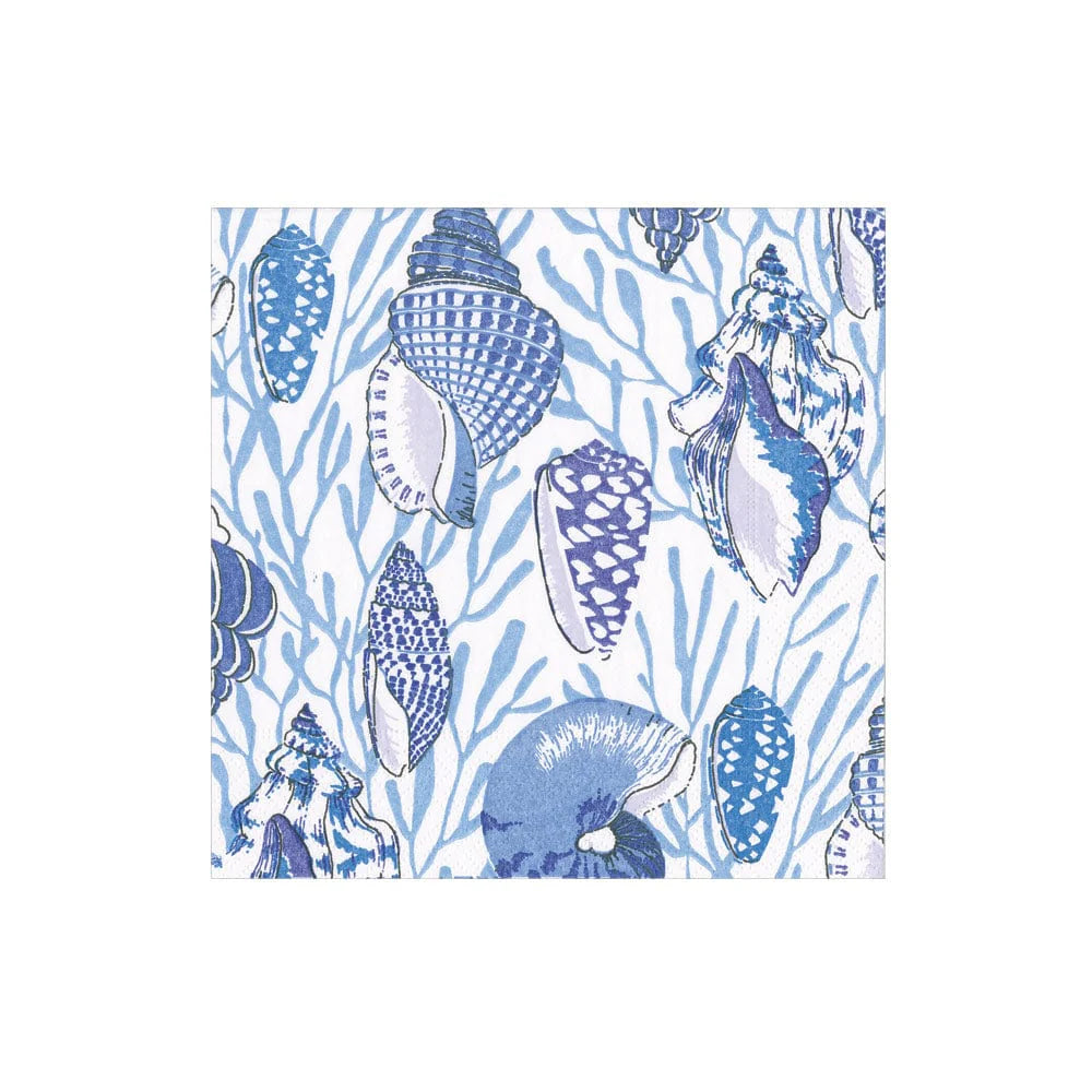 The Shell Toile-Blue Collection by Caspari features elegant triple-ply napkins with blue and white seashells and coral branches, perfect for stylish, eco-friendly gatherings.